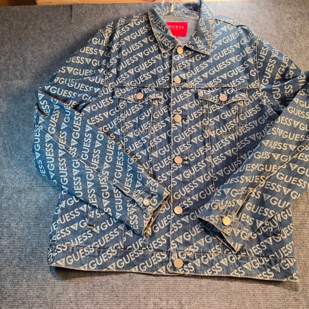 Guess Denim Jacket Womens XL Blue White All Over Logo Print Trucker S0RN02R3MI1